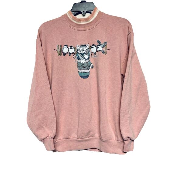 VTG Morning Sun Cat in a Mitten Birds on Clothesline Pink Medium USA Grandmacore - Picture 1 of 5